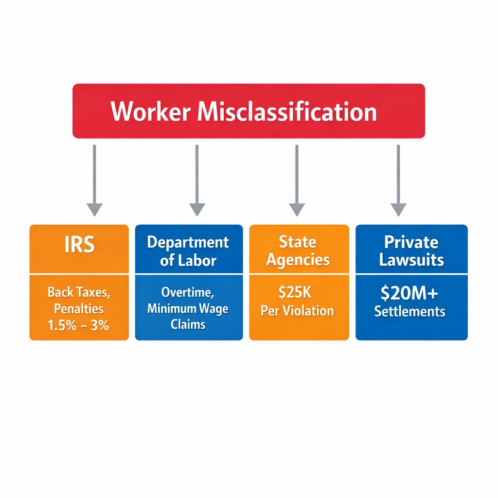 Flowchart showing consequences of worker misclassification including IRS back taxes, DOL overtime claims, state penalties, and private lawsuits