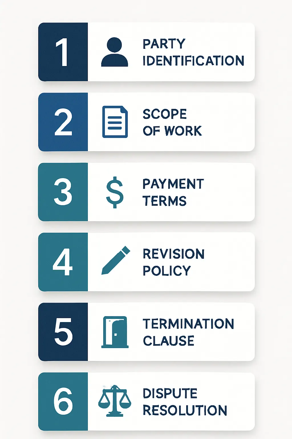 Infographic showing six essential elements of a freelance contract:
party identification, scope of work, payment terms, revision policy,
termination clause, and dispute resolution.