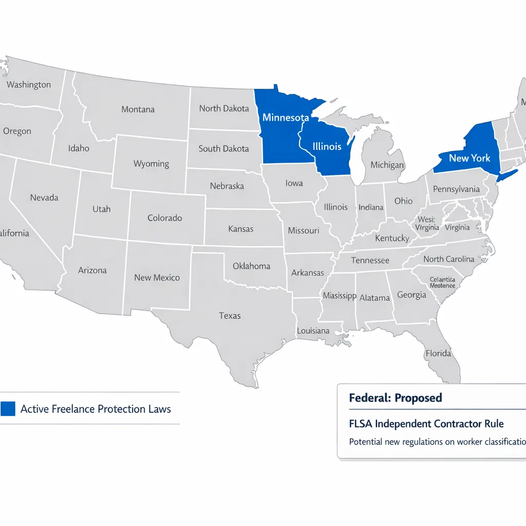 Map of the United States showing states with freelance payment
protection laws including New York, Illinois, and Minnesota,
with federal proposed legislation noted.