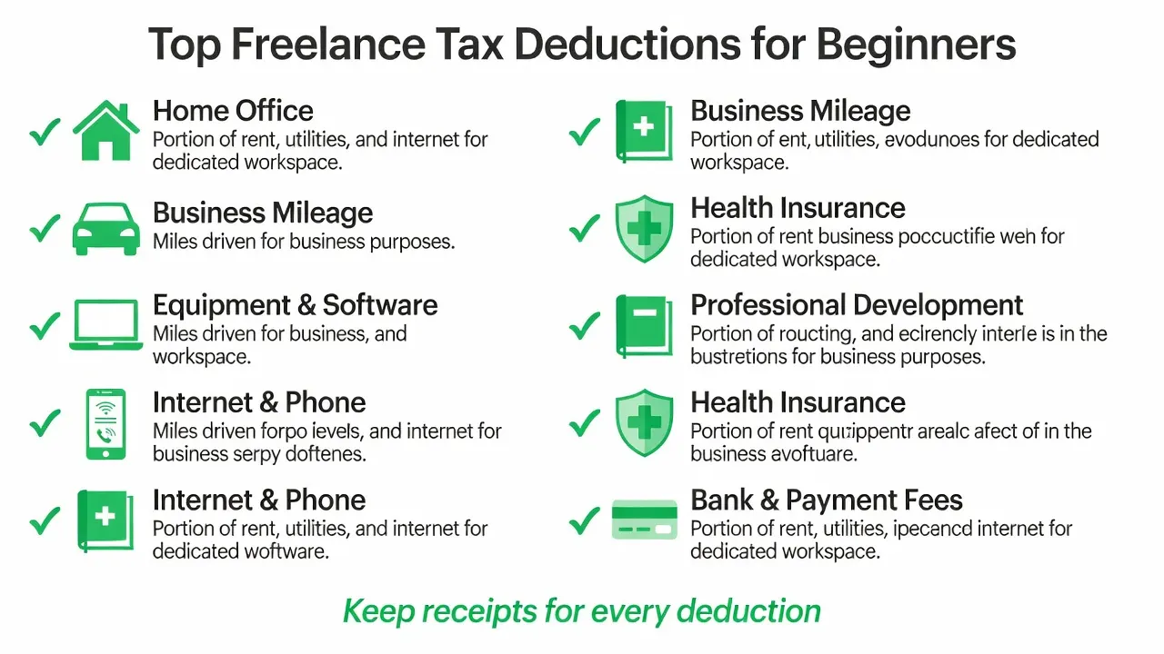 Checklist infographic showing top freelance tax deductions including home office, business mileage, equipment, internet, professional development, health insurance, and bank fees