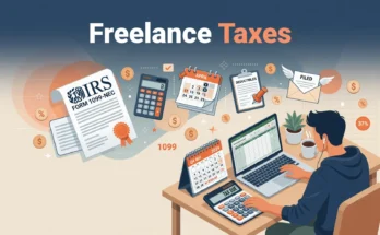 Header image for freelance tax guide showing freelancer workspace with tax documents calculator and calendar Freelance Taxes for Beginners