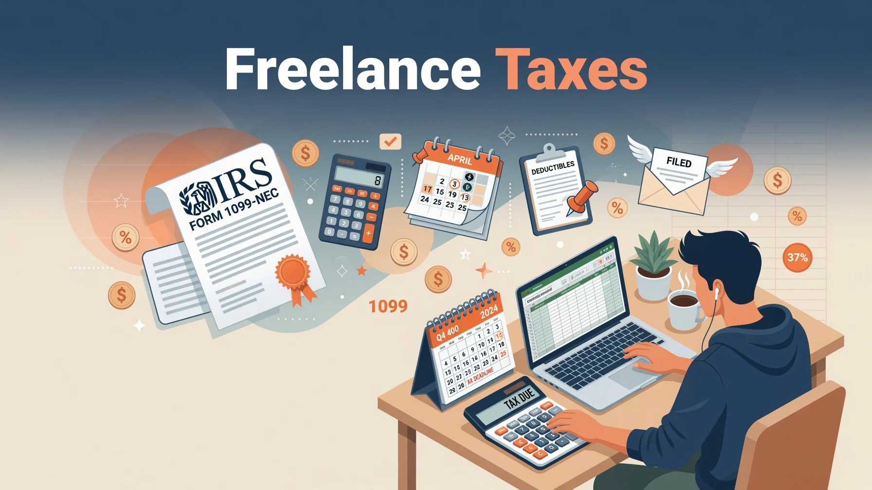 Header image for freelance tax guide showing freelancer workspace with tax documents calculator and calendar Freelance Taxes for Beginners