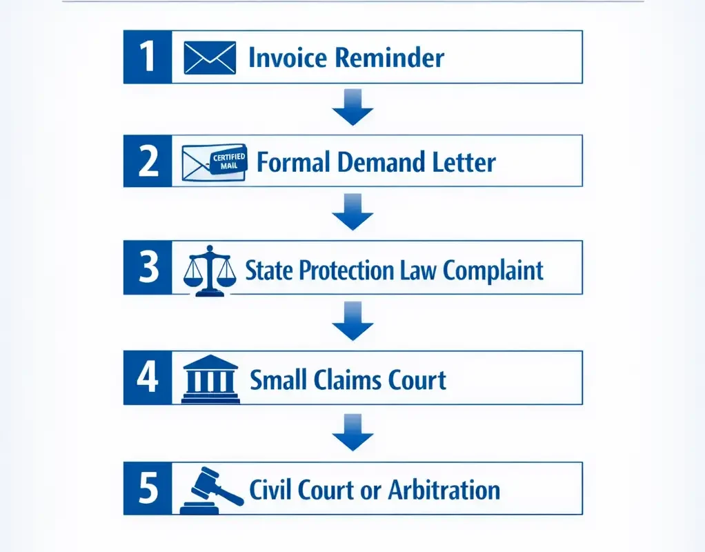 Five-step flowchart showing legal escalation path for freelancers
when a client refuses to pay an invoice including demand letter,
small claims court, and civil court options.