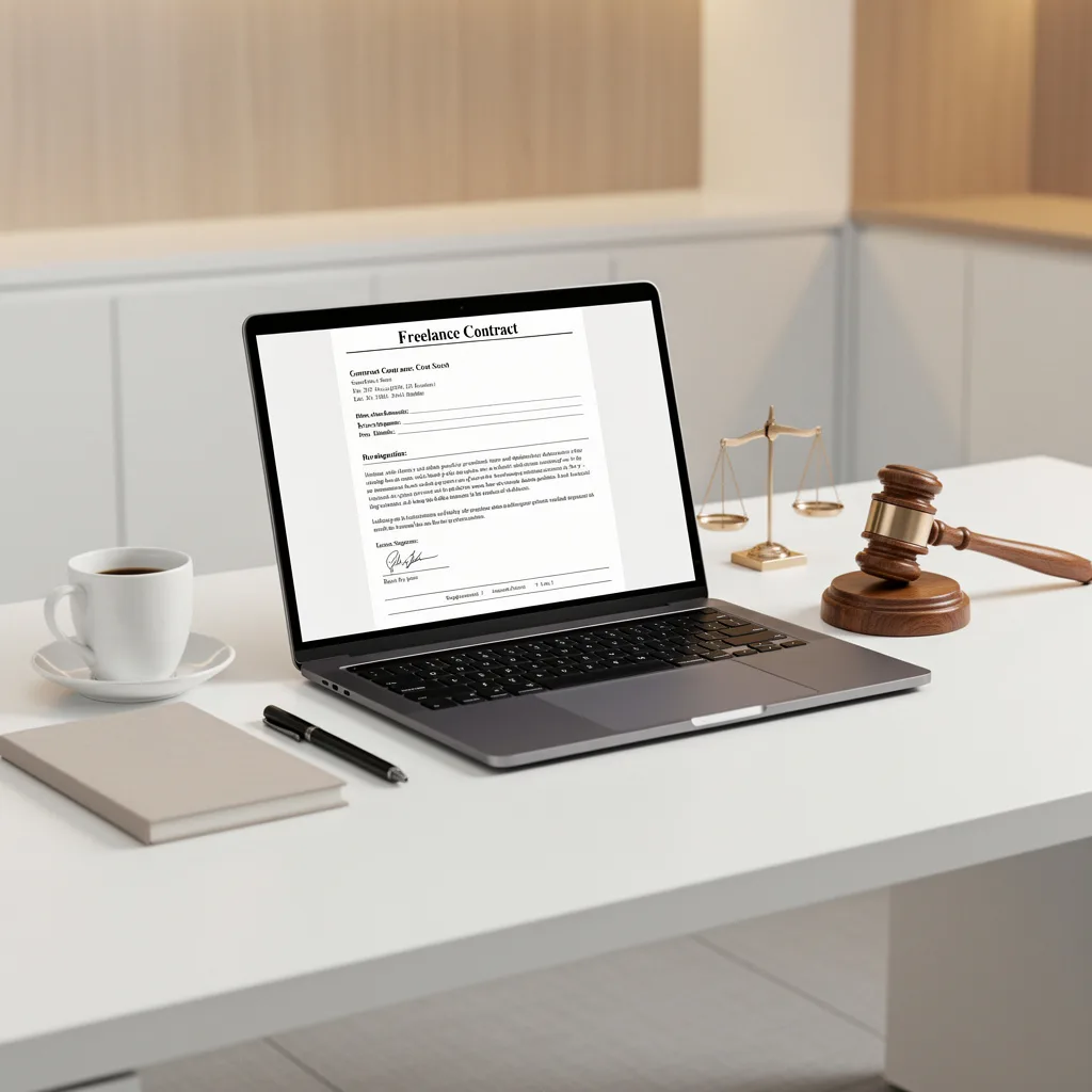 Professional workspace with laptop showing legal documents and a gavel, representing freelancing legal tips and independent contractor rights.