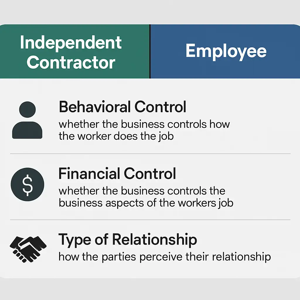 Comparison diagram showing the IRS three-part test for independent
contractor versus employee classification including behavioral
control, financial control, and type of relationship.