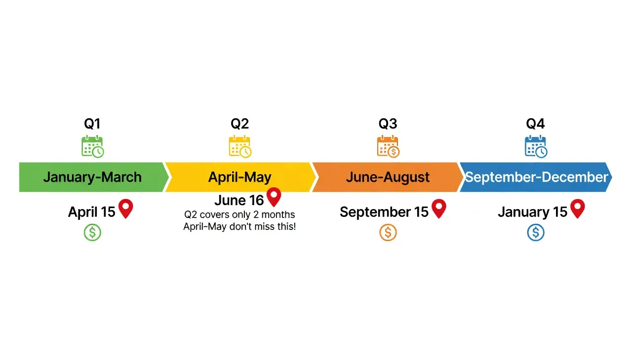 Annual calendar showing four IRS quarterly estimated tax payment deadlines for 2025: April 15, June 16, September 15, and January 15, 2026
Freelance Taxes for Beginners