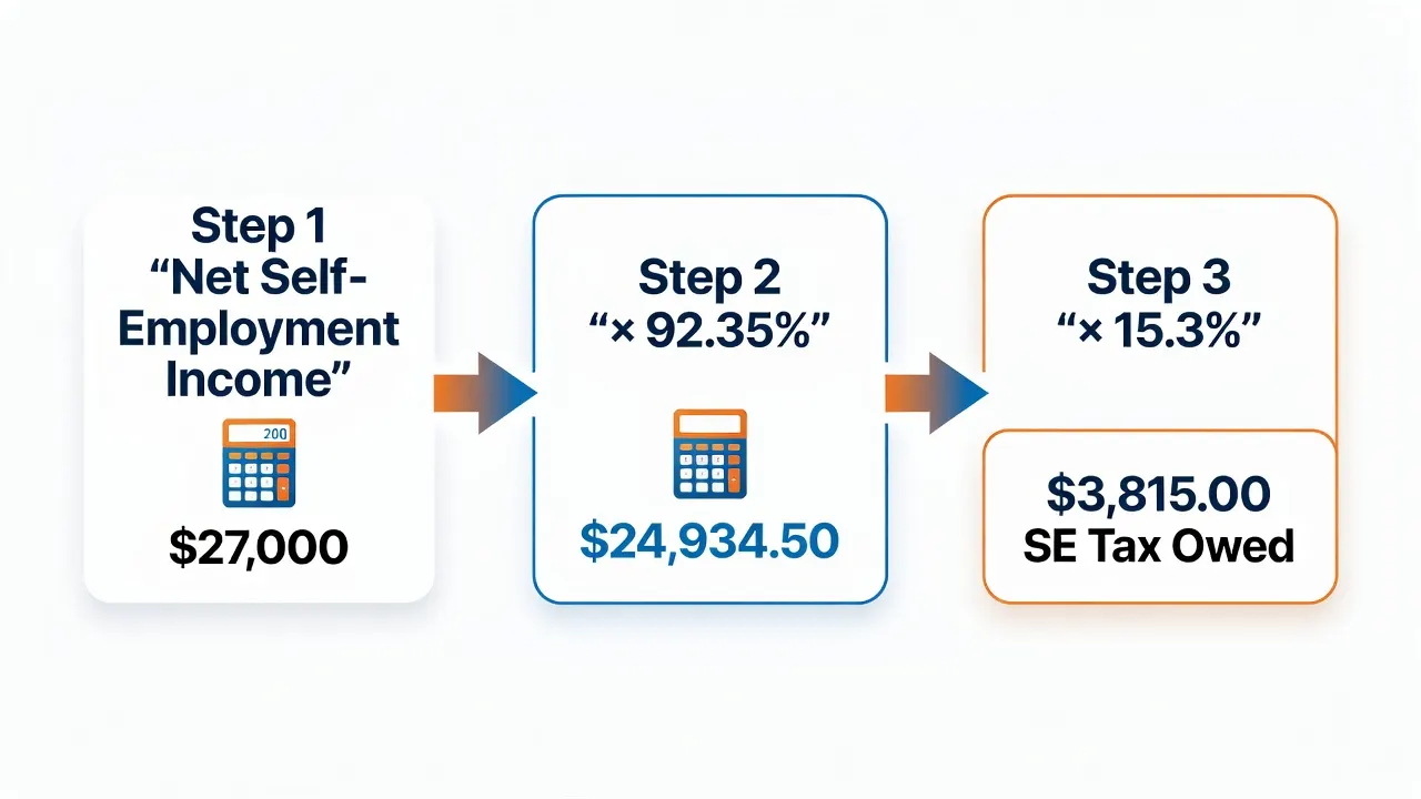 Three-step diagram showing how to calculate self-employment tax: multiply net income by 92.35 percent then by 15.3 percent to get SE tax owed
