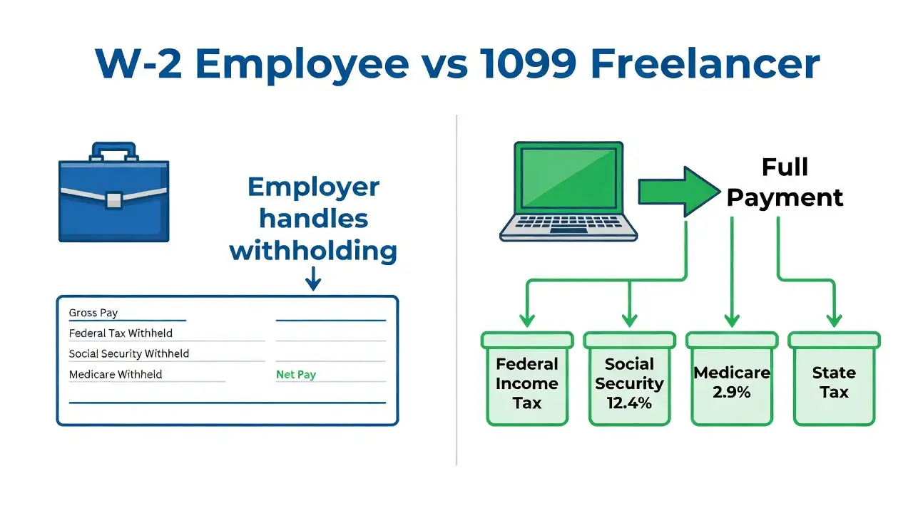 Infographic comparing W-2 employee tax withholding with 1099 freelancer self-employment tax responsibilities showing employer handles withholding for employees while freelancers pay their own taxes