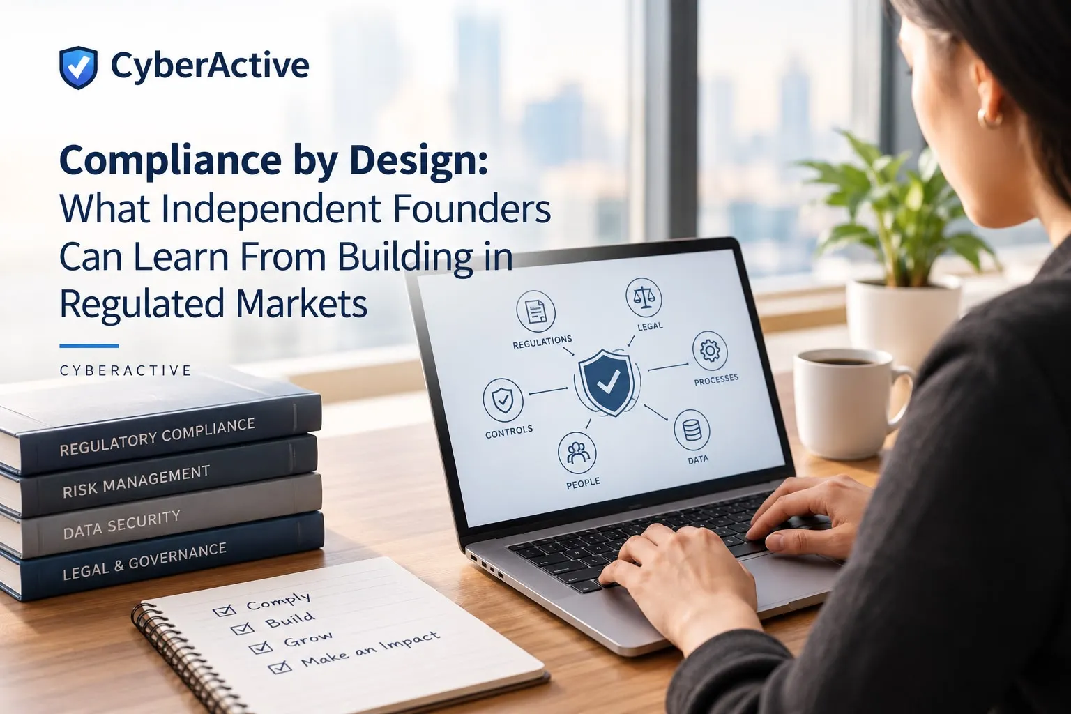 Compliance by Design in Regulated Markets Compliance by design illustration showing a founder building a product in a regulated market