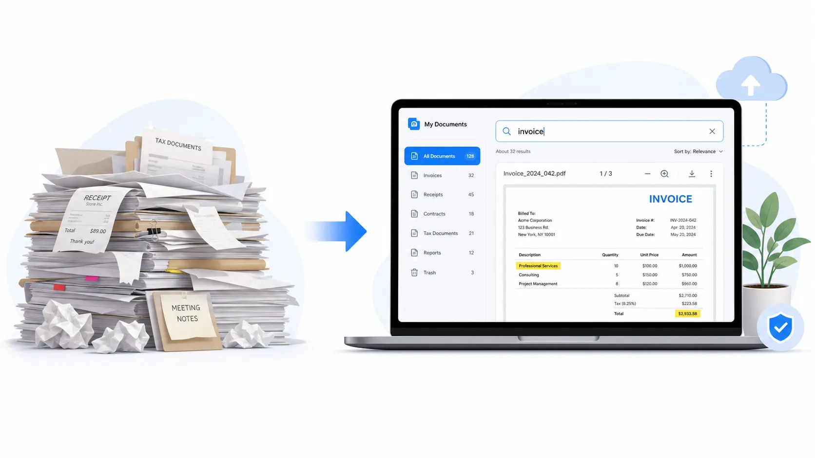 OCR and PDF workflow illustration showing paper documents transforming into searchable digital files on a laptop